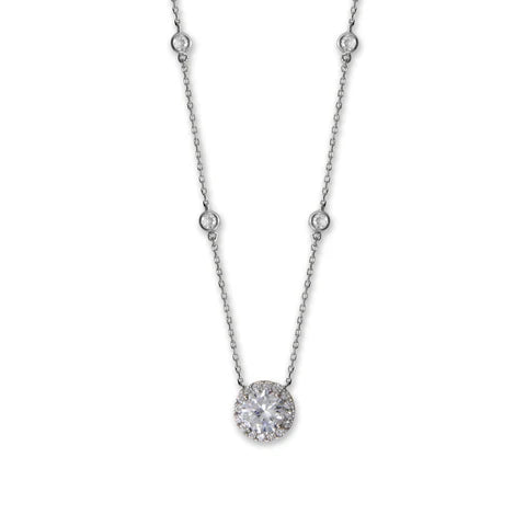 15" + 2" Rhodium Plated 8mm Halo CZ and Bezel CZ Necklace - M H W ACCESSORIES LLC