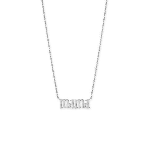Sterling Silver 16" + 2" Rhodium Plated CZ "mama" Necklace - M H W ACCESSORIES LLC