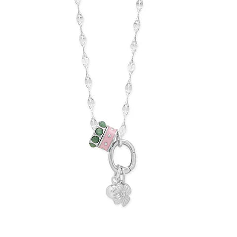 Pink & Green Nature's Blooms! 18" Rhodium Plated Charm Necklace