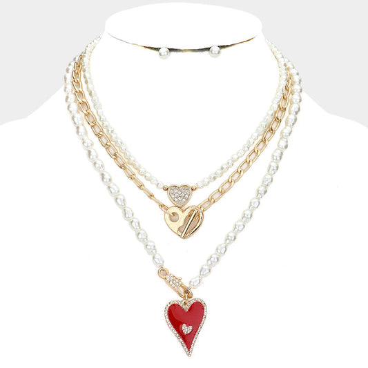 3PCS - Enamel Rhinestone Embellished Metal Heart Pendant Pearl Necklaces - M H W ACCESSORIES LLC