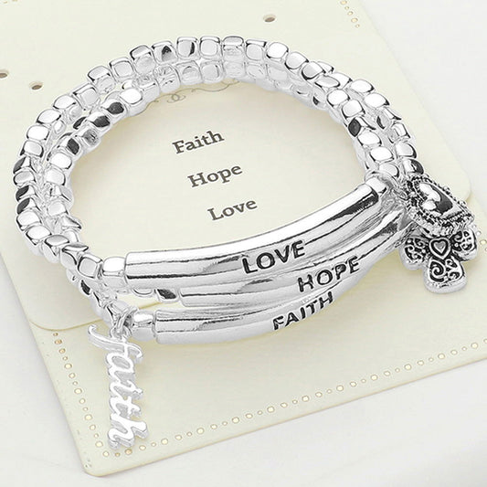 3PCS - Faith Hope Love Message Faith Heart Charm Stretchable Religious - M H W ACCESSORIES LLC