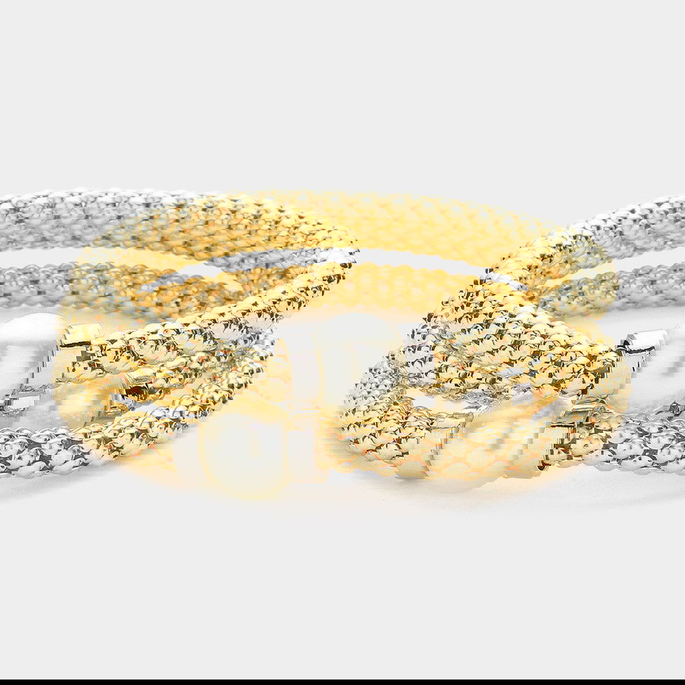3PCS - Gold Pearl Mesh Metal Stretch Multi Layered Bracelets - M H W ACCESSORIES LLC