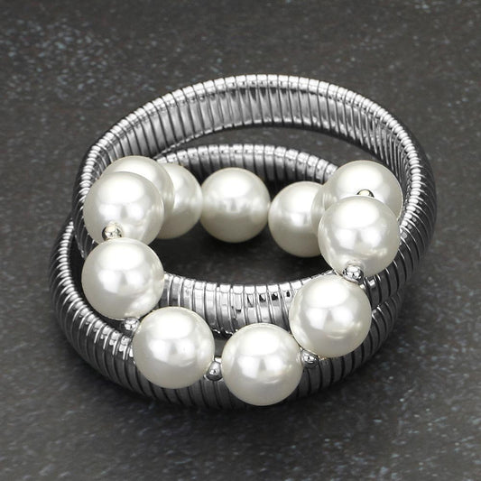 3PCS - Pearl Beaded Snake Stretch Multi Layered Bracelets - M H W ACCESSORIES LLC