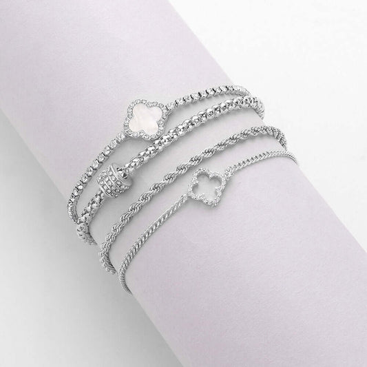 4PCS - Mother Of Pearl Quatrefoil Tennis Chain Twisted Metal Chain Layered Bracelets - M H W ACCESSORIES LLC