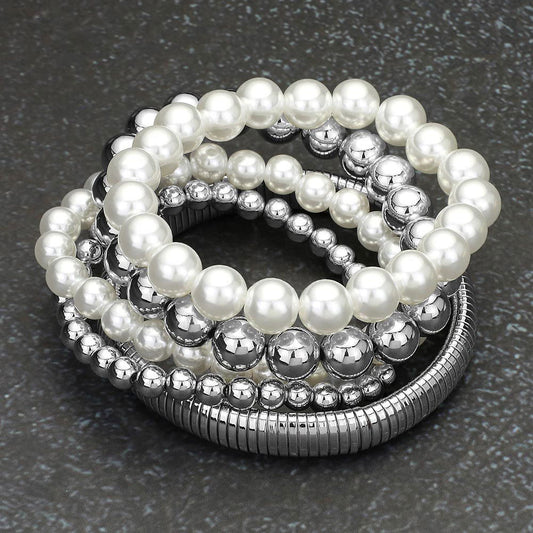 5PCS - Pearl Metal Ball Beaded Snake Stretch Multi Layered Bracelets - M H W ACCESSORIES LLC