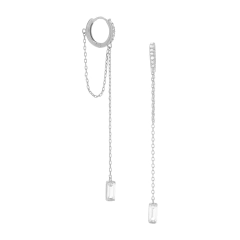 Sterling Silver CZ Hoop Earrings Chain Drop-M H W ACCESSORIES - M H W ACCESSORIES LLC