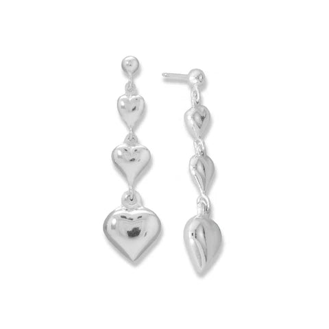 Sterling Silver Graduated 3D Puffy Heart Drop Earrings