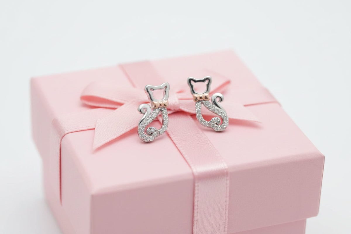 Sterling Silver Two Tone CZ Decorated Bow Tie Kitty Cat Earrings M H W ACCESSORIES LLC Sterling Silver Two Tone CZ Decorated Bow Tie Kitty Cat Earrings