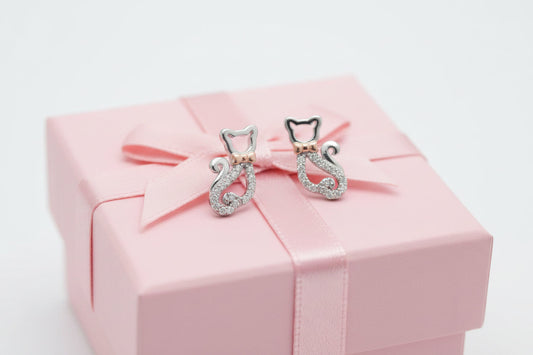 Sterling Silver Two Tone CZ Decorated Bow Tie Kitty Cat Earrings M H W ACCESSORIES LLC Sterling Silver Two Tone CZ Decorated Bow Tie Kitty Cat Earrings