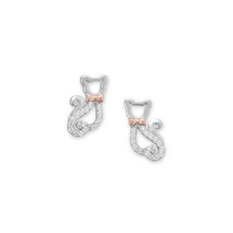 Sterling Silver Two Tone CZ Decorated Bow Tie Kitty Cat Earrings M H W ACCESSORIES LLC Sterling Silver Two Tone CZ Decorated Bow Tie Kitty Cat Earrings