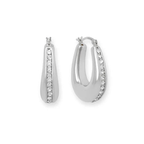 .925 Sterling Silver Hollow CZ Oblong Hoop Earrings - M H W ACCESSORIES LLC