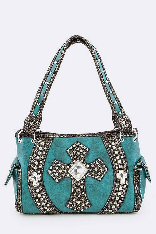 Turquoise Cross Western Embroidered Handbag-M H W ACCESSORIES - M H W ACCESSORIES LLC