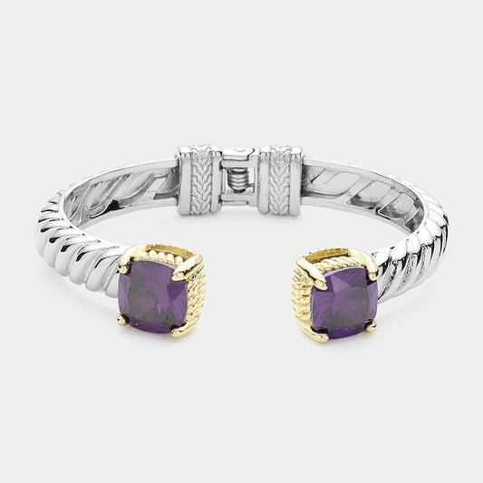 Amethyst CZ Square Tip Two Tone Twisted Metal Hinged Cuff Bracelet - M H W ACCESSORIES LLC