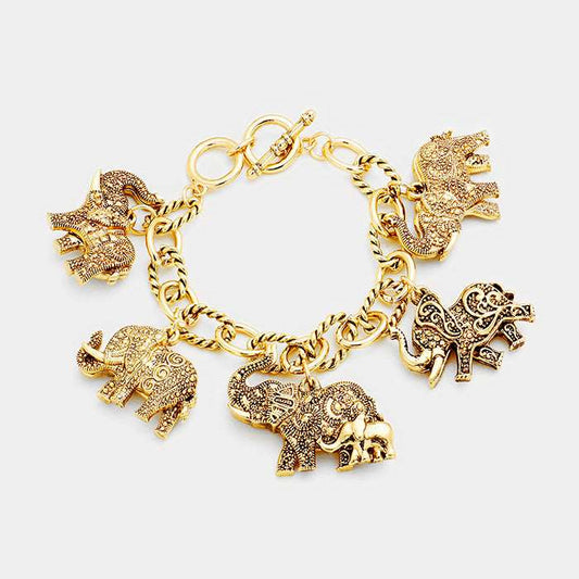 Antique Gold Multi Elephant Charm Station Bracelet - M H W ACCESSORIES LLC