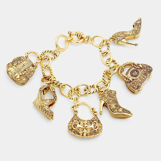 Antique Gold Multi Handbag & Heel Charm Station Bracelet for Women - M H W ACCESSORIES LLC