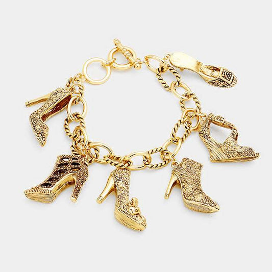 Antique Gold Multi Heel Charm Station Bracelet for Women - M H W ACCESSORIES LLC