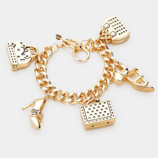 Antique Gold Stiletto Heel Handbag Charm Metal Toggle Bracelet - M H W ACCESSORIES LLC