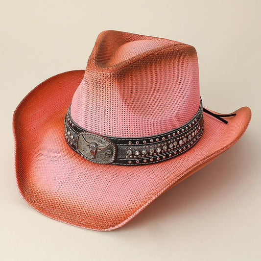 Antique Metal Steer Head  Leather Band Western Pink Straw Cowboy Fedora Hat - M H W ACCESSORIES LLC