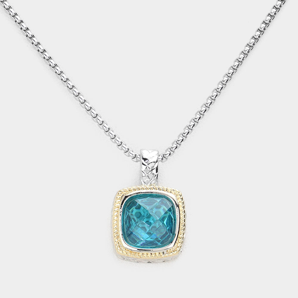 Aqua Square CZ Pendant Necklace- M H W ACCESSORIES - M H W ACCESSORIES LLC