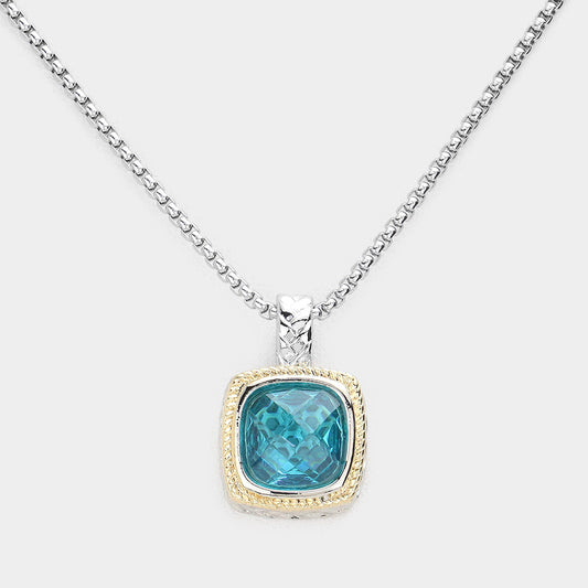 Aqua Square CZ Pendant Necklace- M H W ACCESSORIES - M H W ACCESSORIES LLC
