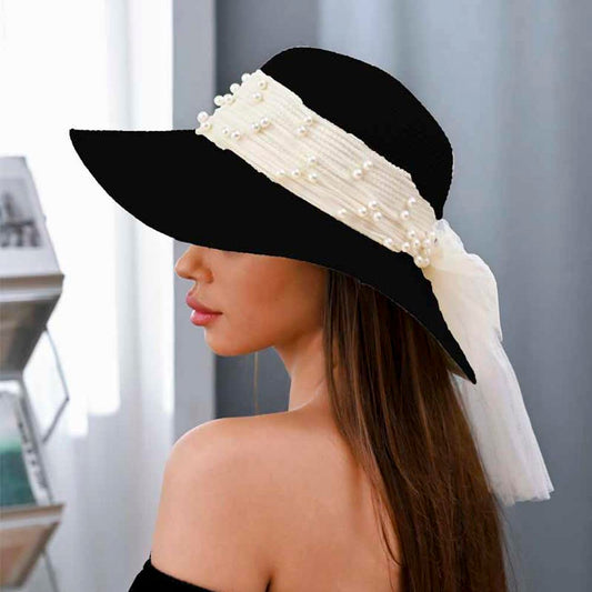 BLACK STRAW SUN HAT WITH PEARL RIBBON BAND - M H W ACCESSORIES LLC