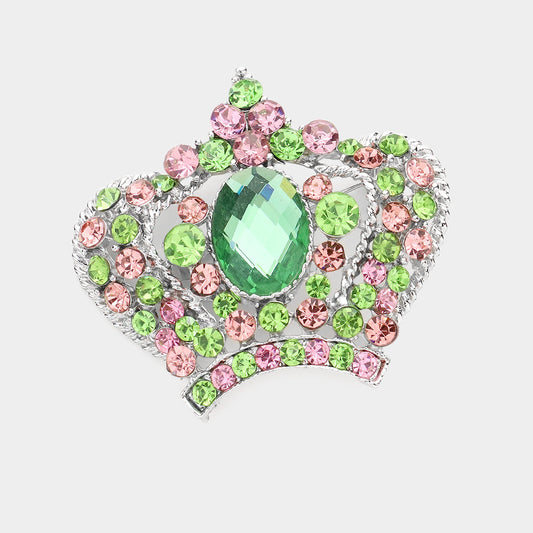 Pink and Green Pave Crystal Crown Pin Brooch - M H W ACCESSORIES LLC