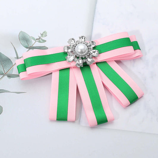 Pink & Green Pearl Cluster Pointed Color Block Bow Brooch / Hair Clip