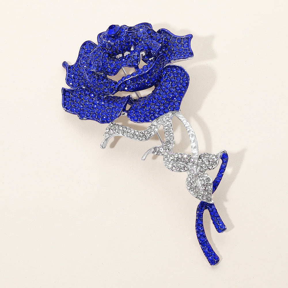 Blue & White Paved Rose Stem Pin Brooch