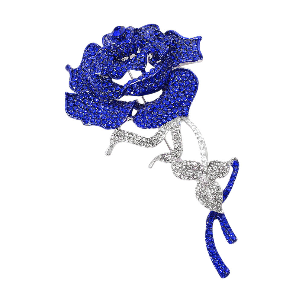 Blue & White Paved Rose Stem Pin Brooch