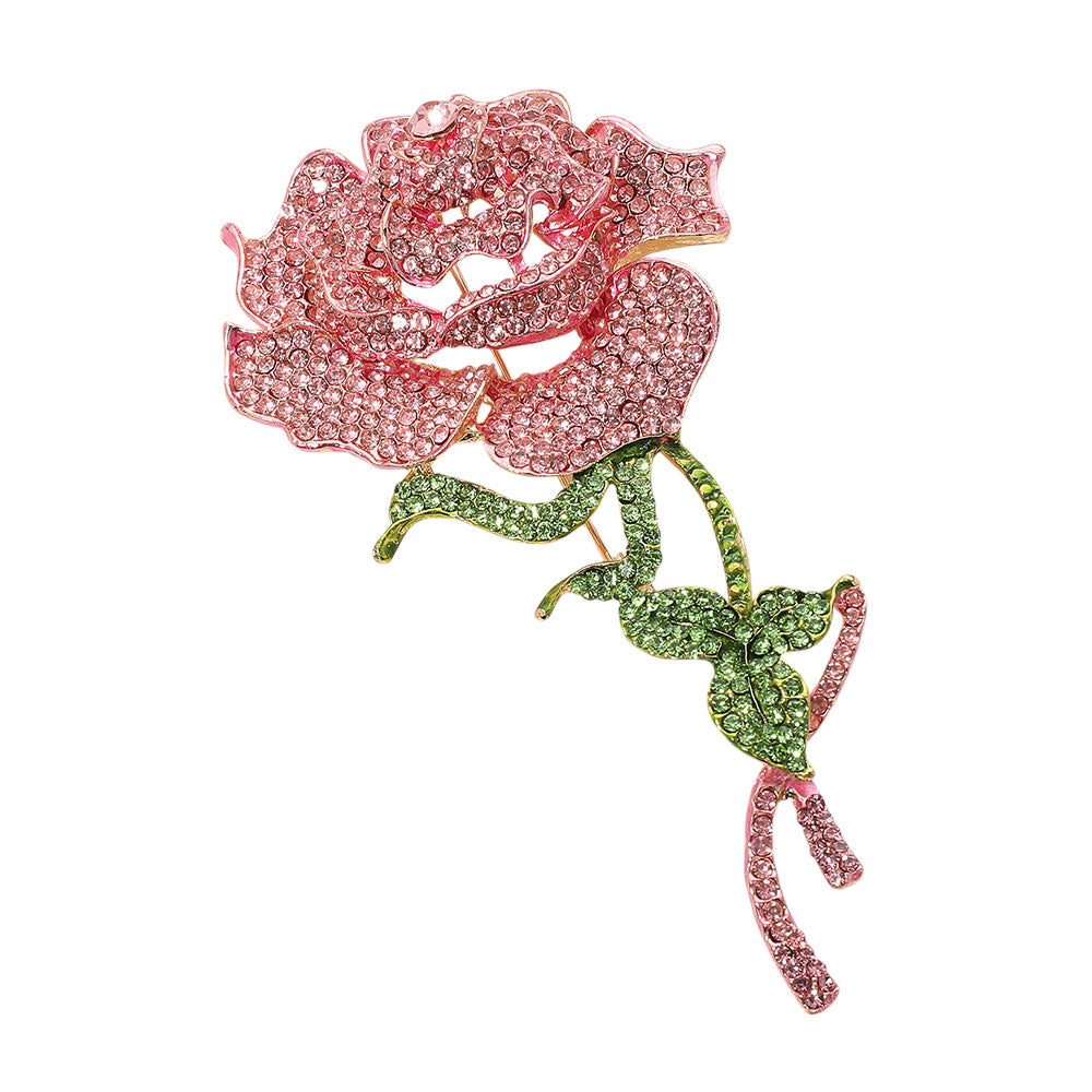 Pink & Green Paved Rose Stem Pin Brooch