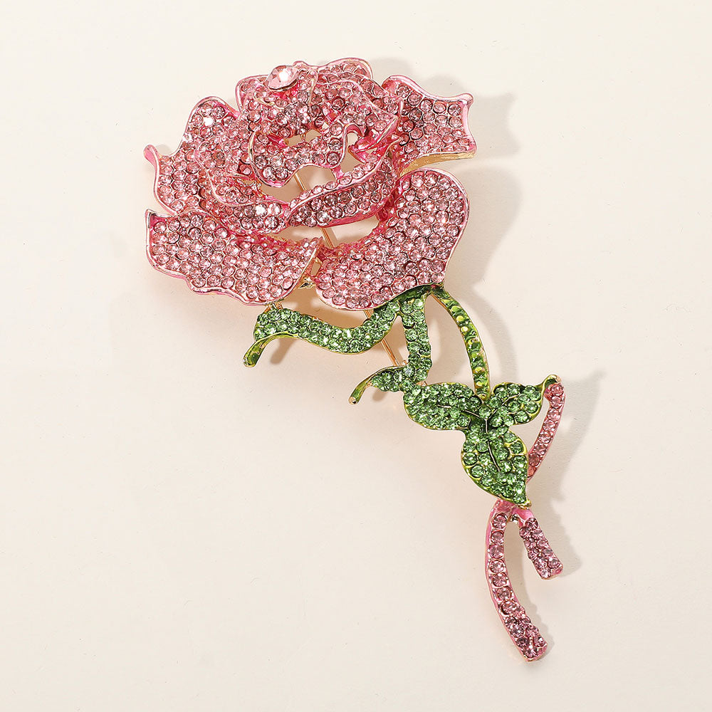 Pink & Green Paved Rose Stem Pin Brooch