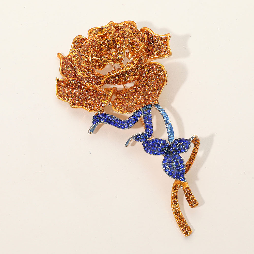 Blue & Yellow Paved Rose Stem Pin Brooch