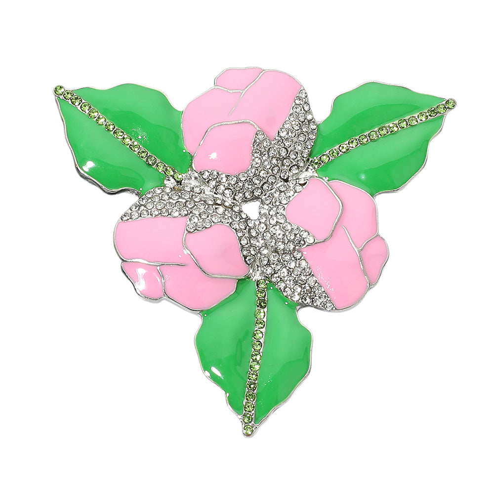Rhinestone Pink & Green Detail Enamel Floral Pin Brooch M H W ACCESSORIES LLC Rhinestone Pink & Green Detail Enamel Floral Pin Brooch