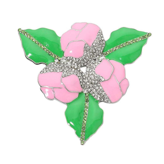 Rhinestone Pink & Green Detail Enamel Floral Pin Brooch M H W ACCESSORIES LLC Rhinestone Pink & Green Detail Enamel Floral Pin Brooch