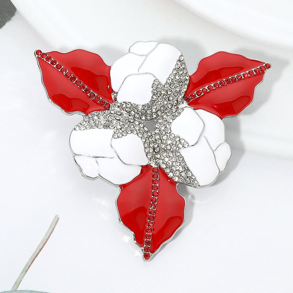 Rhinestone Red & White Detail Enamel Floral Pin Brooch M H W ACCESSORIES LLC Rhinestone Red & White Detail Enamel Floral Pin Brooch