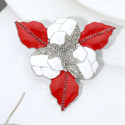 Rhinestone Red & White Detail Enamel Floral Pin Brooch M H W ACCESSORIES LLC Rhinestone Red & White Detail Enamel Floral Pin Brooch
