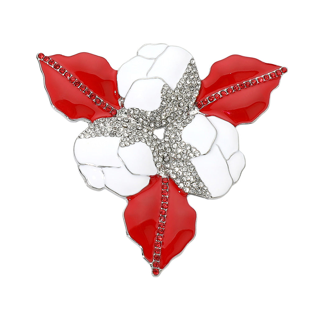 Rhinestone Red & White Detail Enamel Floral Pin Brooch M H W ACCESSORIES LLC Rhinestone Red & White Detail Enamel Floral Pin Brooch
