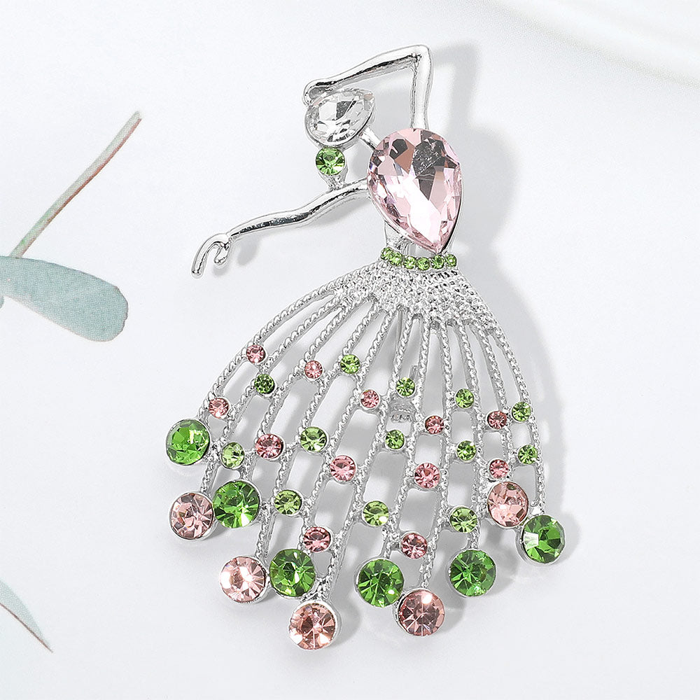Gem Accent Pink & Green Dancing Ballerina Pin Brooch for Women M H W ACCESSORIES LLC Gem Accent Pink & Green Dancing Ballerina Pin Brooch for Women