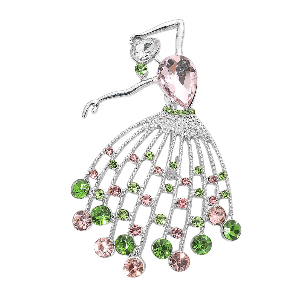 Gem Accent Pink & Green Dancing Ballerina Pin Brooch for Women M H W ACCESSORIES LLC Gem Accent Pink & Green Dancing Ballerina Pin Brooch for Women
