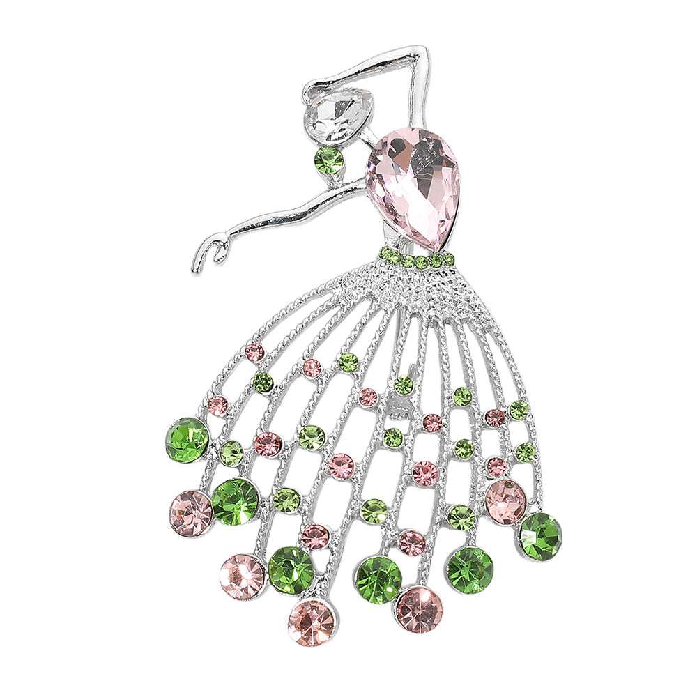 Gem Accent Pink & Green Dancing Ballerina Pin Brooch for Women M H W ACCESSORIES LLC Gem Accent Pink & Green Dancing Ballerina Pin Brooch for Women