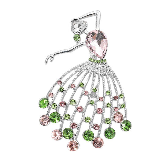 Gem Accent Pink & Green Dancing Ballerina Pin Brooch for Women M H W ACCESSORIES LLC Gem Accent Pink & Green Dancing Ballerina Pin Brooch for Women