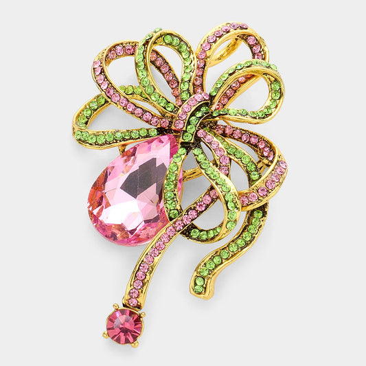 Pink and Green Glass crystal teardrop accented bow brooch / pendant - M H W ACCESSORIES LLC