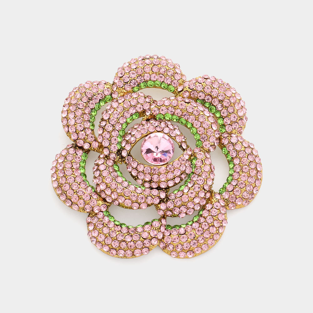 Pink and Green Stone Paved Rose Pin Brooch - M H W ACCESSORIES LLC