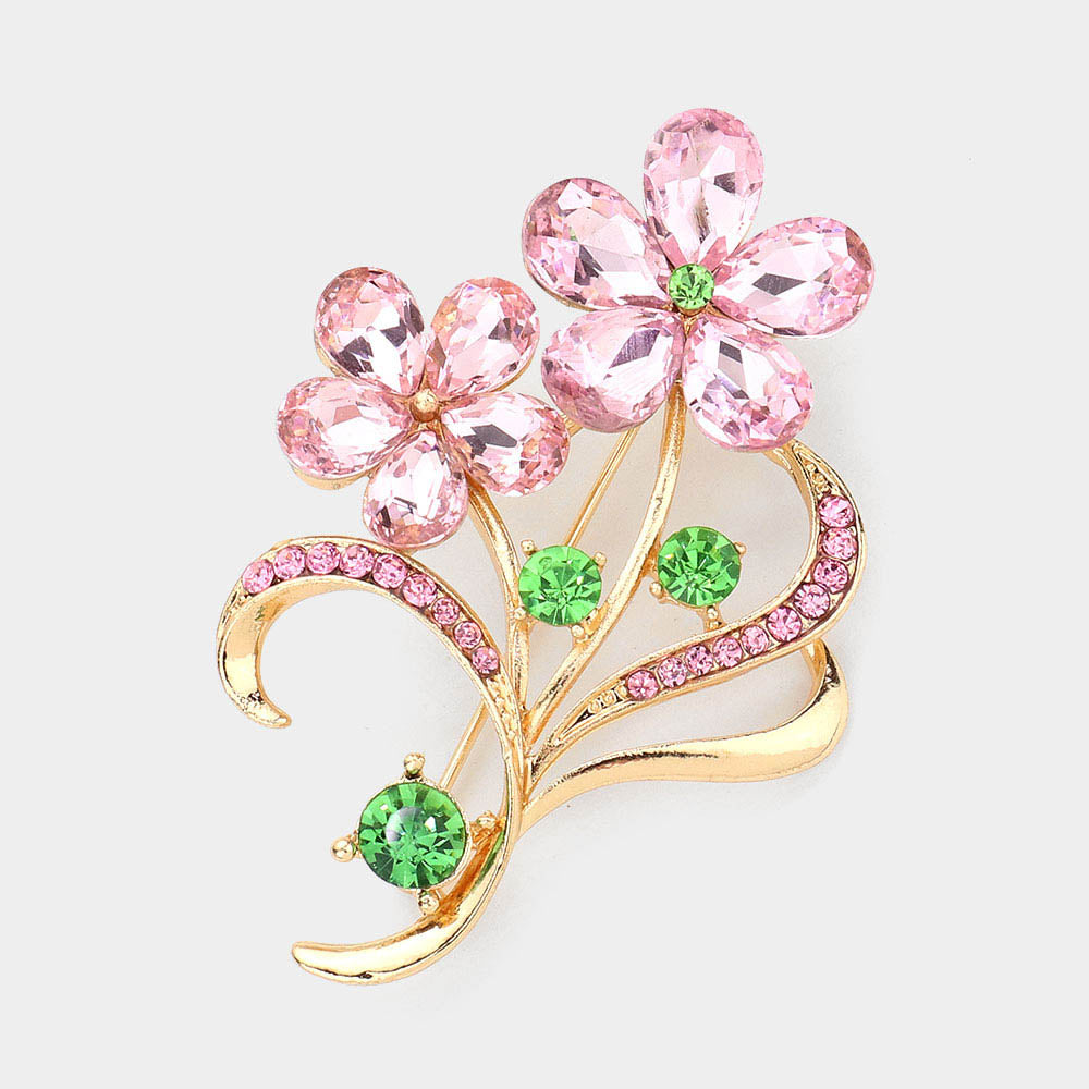 Pink and Green Glass Crystal Stone Flower Embellished Brooch