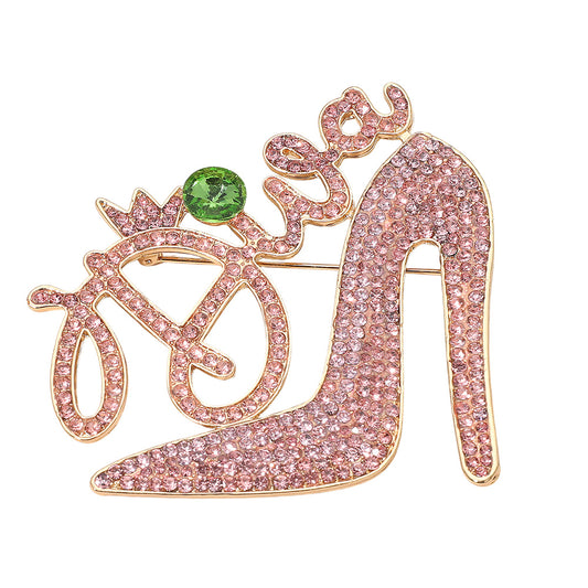 Diva Message Glamorous High Heel  Pink & Green Crystal Rhinestone Pin Brooch