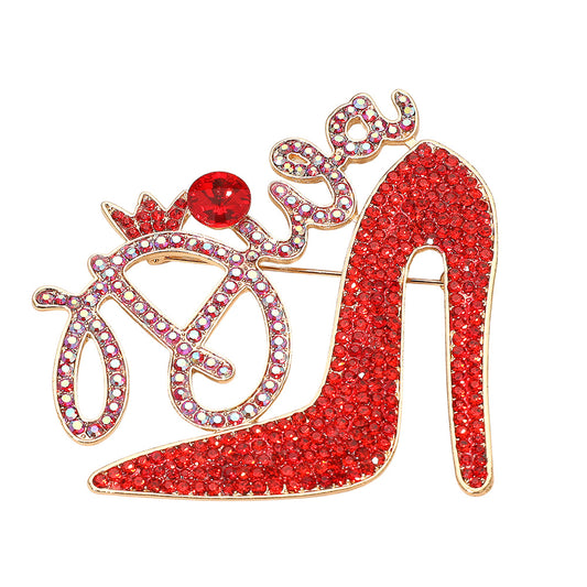 Diva Message Glamorous High Heel  Red Crystal Rhinestone Pin Brooch