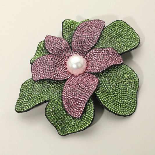 Pink & Green Flower Pearl Accent Bling Studded Flower Pin Brooch / Alligator Snap Hair Clip