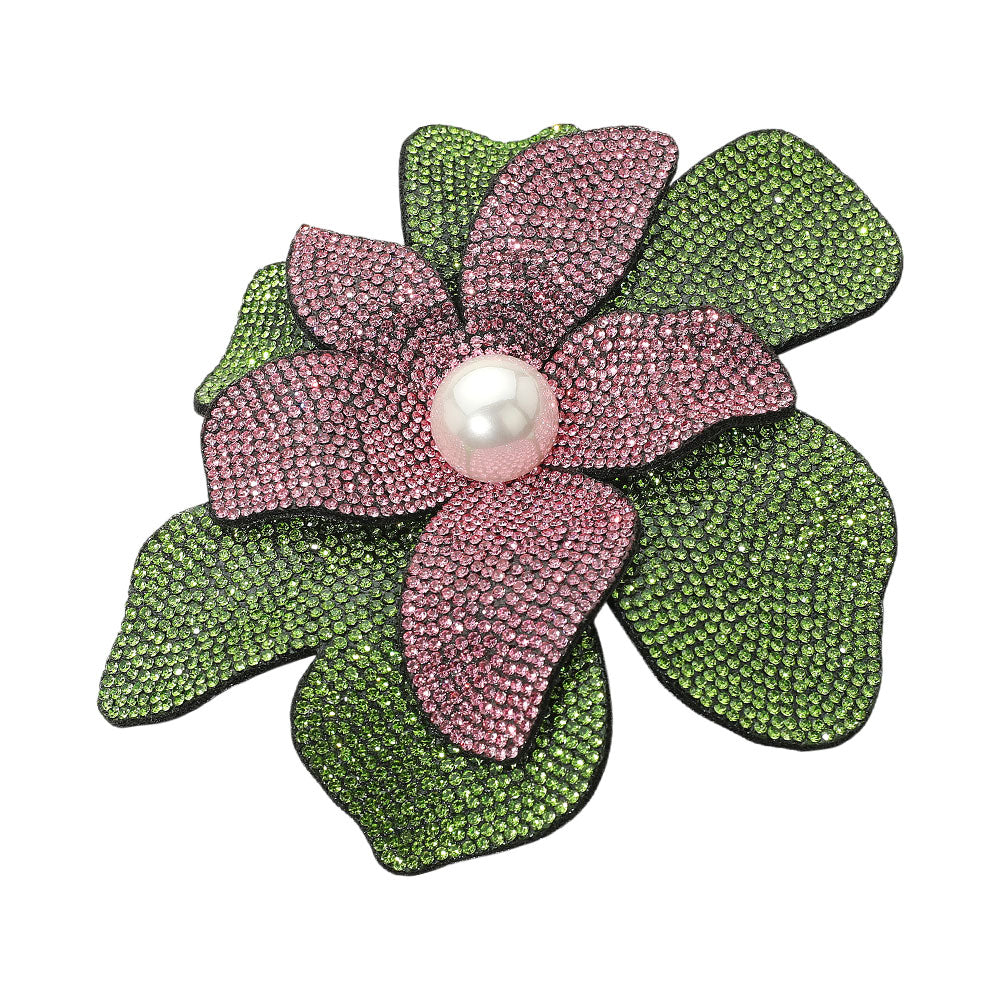 Pink & Green Flower Pearl Accent Bling Studded Flower Pin Brooch / Alligator Snap Hair Clip