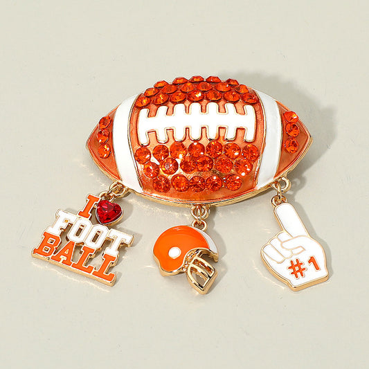 Orange Bling Studded Football Pin Brooch