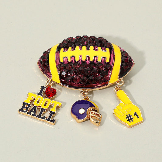 Purple & Gold Bling Studded Football Pin Brooch